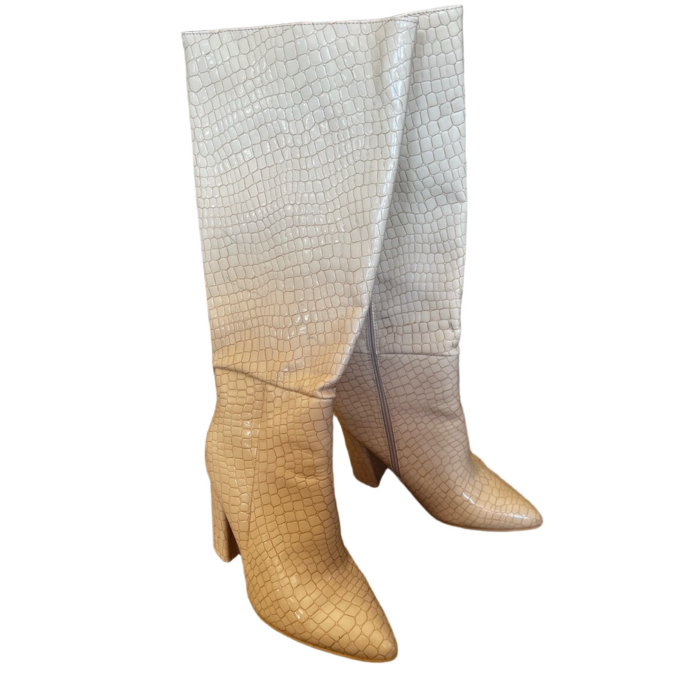 Chic Croc-Embossed Cream Heeled Boots